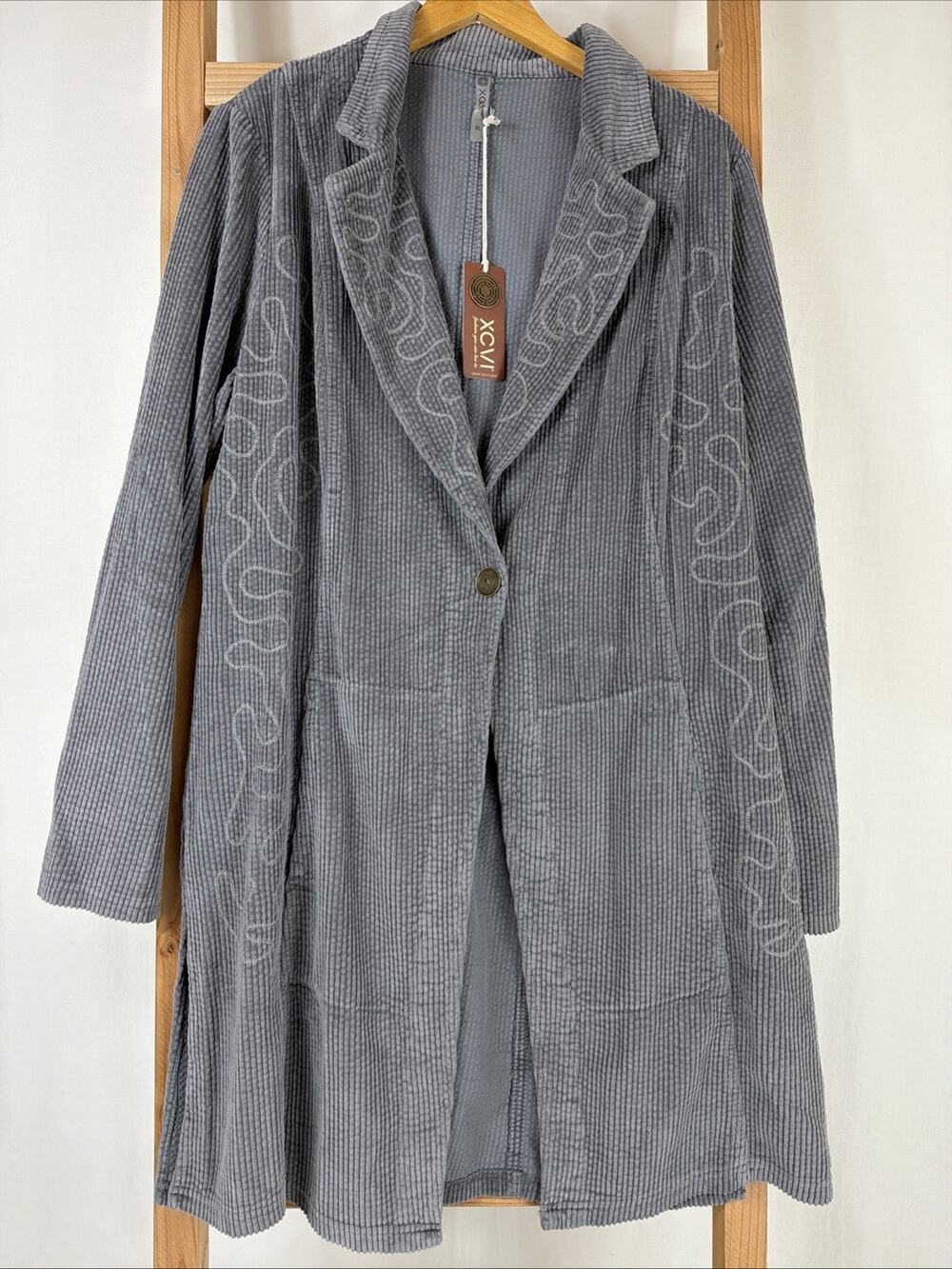 NWT XCVI Gray Corduroy Seam Detail Long Sleeve Button Long Duster #1197 Size XL